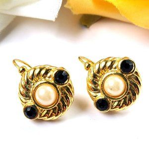 Gold Tone Faux Pearl  & Black Rhinestone Leverback Earrings